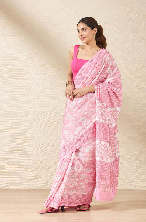 Pink Block Printed Rajasthan Pure Cotton Saree