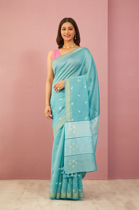 Blue Contemporary Pure Silk Cotton Embroidered Saree