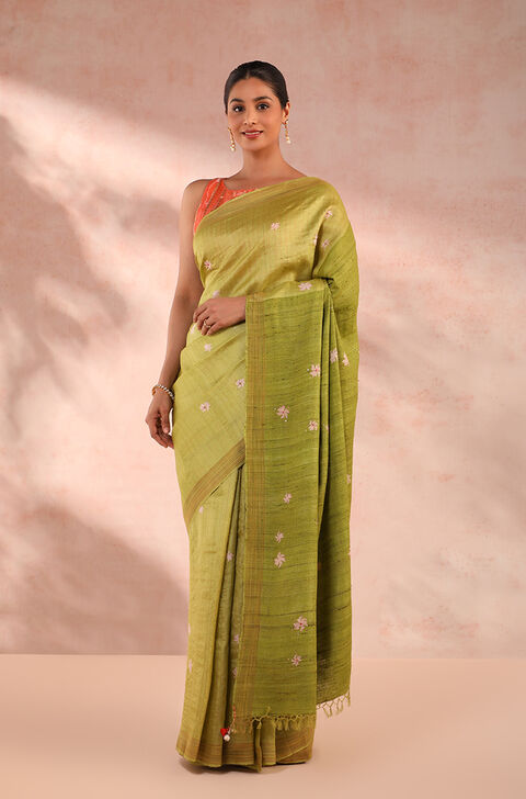 Light Green Block Printed Pure Tussar Silk Saree