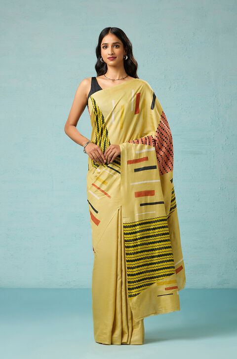 Yellow Chattisgarh Block Printed Pure Tussar Silk Saree