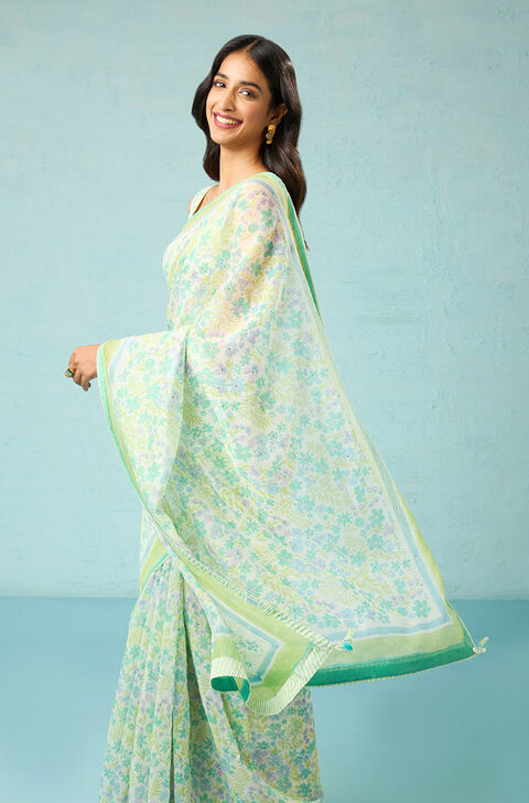 Green Rajasthan Pure Silk Cotton Printed Mukaish Saree