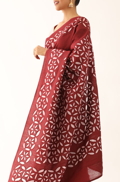 Dark Red Craft Pure Tussar Silk Applique Saree
