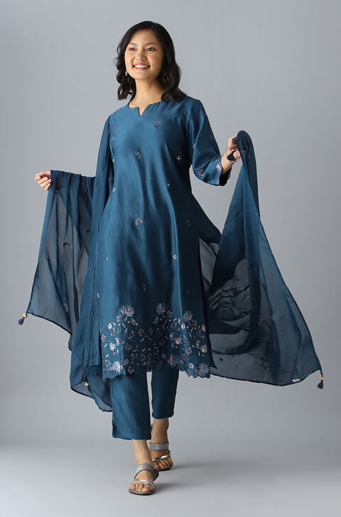 Dark Blue Embroidered Silk Cotton Kurta Set