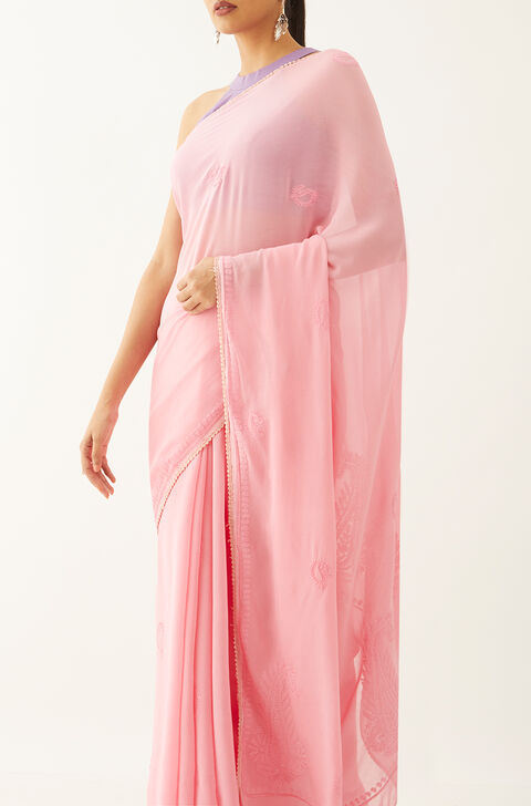 Pink Pure Georgette Chikankari Embroidery Saree