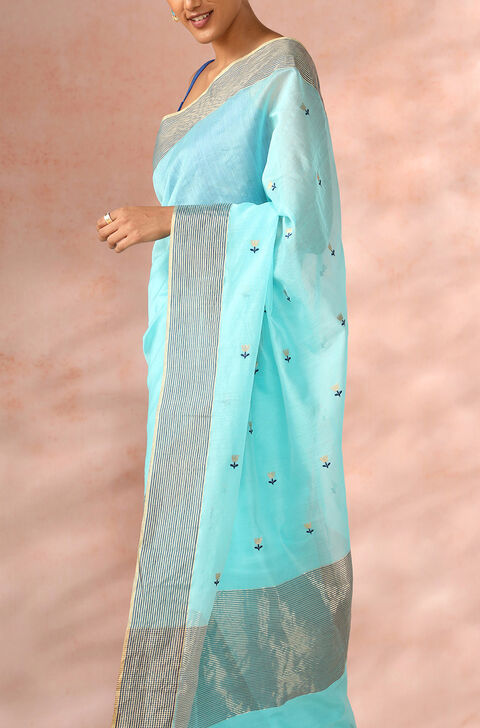 Light Blue Chanderi Pure Silk Cotton Woven Saree