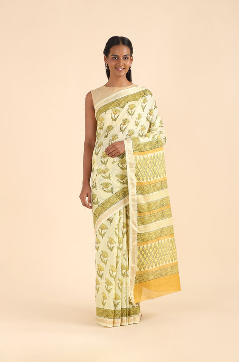 Light Yellow Pure Silk Cotton Sanganeri Printed Saree