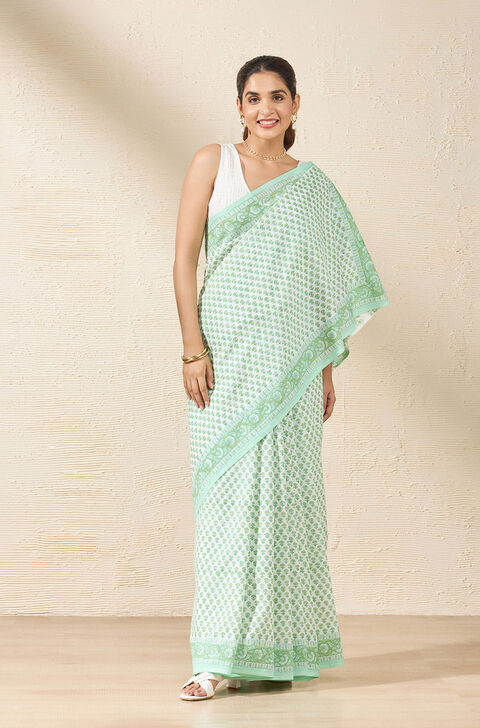 Light Green Block Printed Rajasthan Pure Cotton Saree