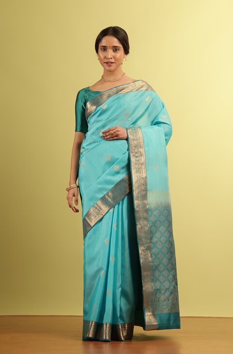 Light Blue Woven Kanjivaram Inspired Design Silk Viscose Saree