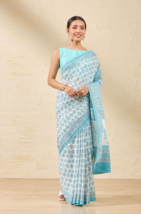 Light Blue Rajasthan Block Printed Pure Cotton Saree