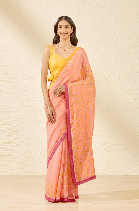 Pink Pure Silk Cotton Block Printed Bengal Saree