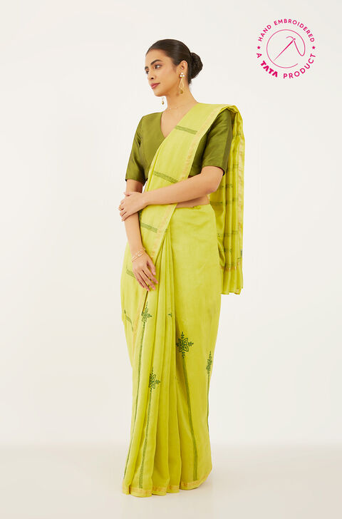 Green Pure Silk Cotton Chikankari Embroidery Saree