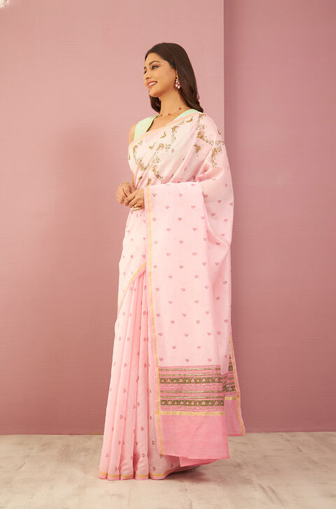 Pink Contemporary Pure Silk Cotton Printed Sanganeri Saree