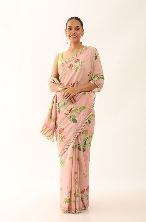 Light Pink Bhagalpur Pure Tussar Cotton Screen Printed Saree