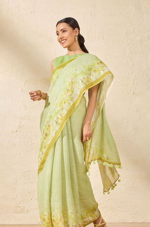Green Printed Pure Linen Saree
