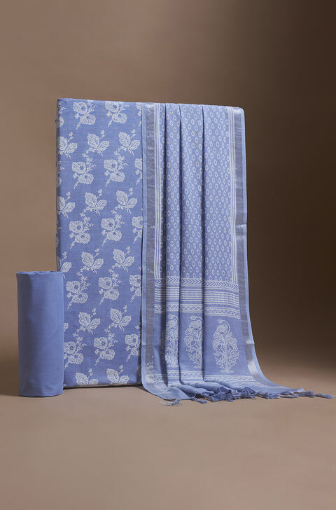 Light Blue Screen Printed Pure Cotton Linen Suit Set