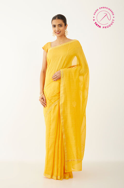 Yellow Pure Silk Cotton Chikankari Embroidery Saree