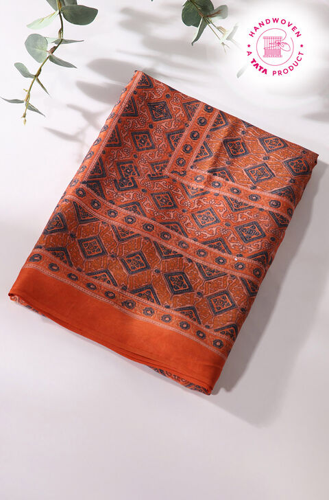 Orange Pure Silk Ajrakh Printed Saree