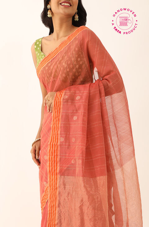 Dark Orange Pure Silk Cotton Woven Chanderi Saree