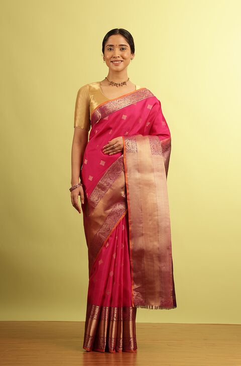 Pink Woven Kanjivaram Inspired Design Silk Viscose Saree