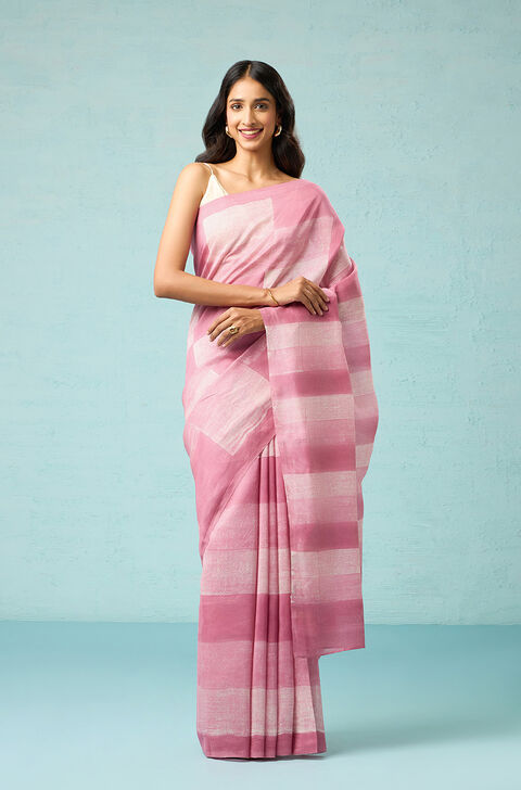 Pink Block Printed Pure Silk Cotton Chanderi Saree