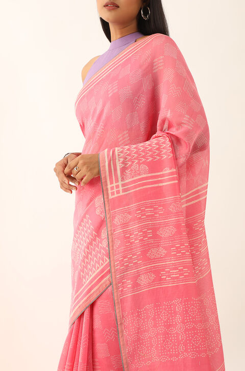 Light Pink Pure Silk Cotton Bagru Printed Saree