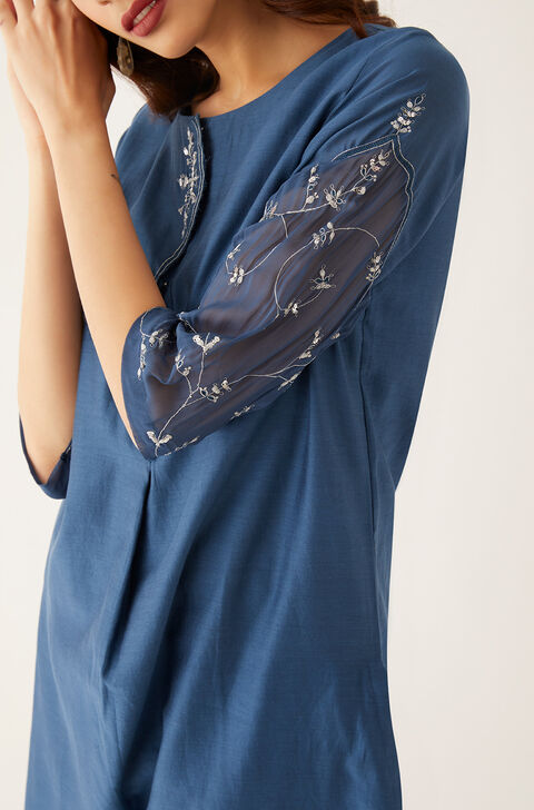 Blue Silk Cotton Embroidered Kurta Set
