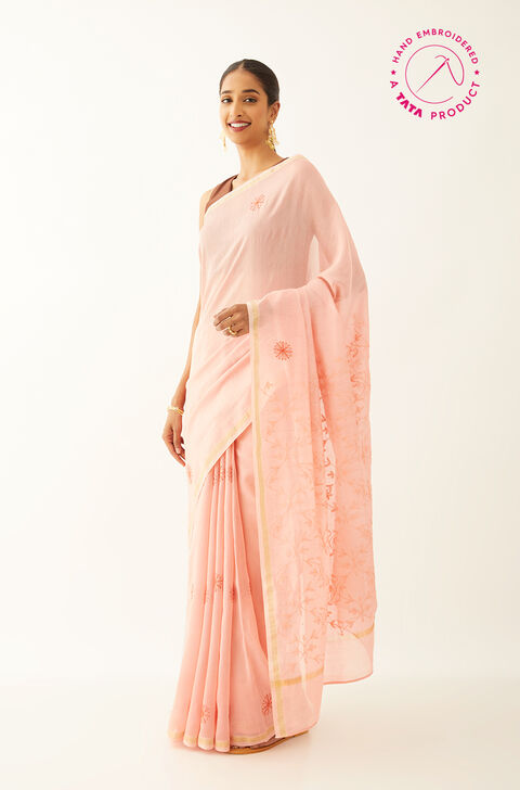 Light Pink Pure Silk Cotton Chikankari Saree