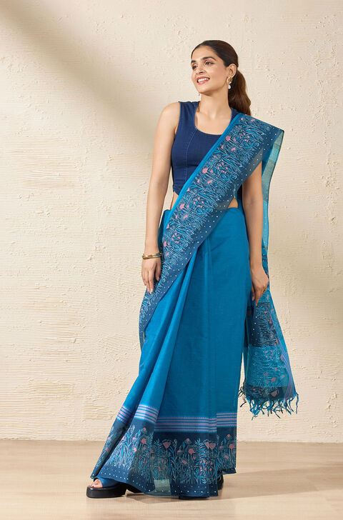 Blue Rajasthan Block Printed Pure Cotton Saree