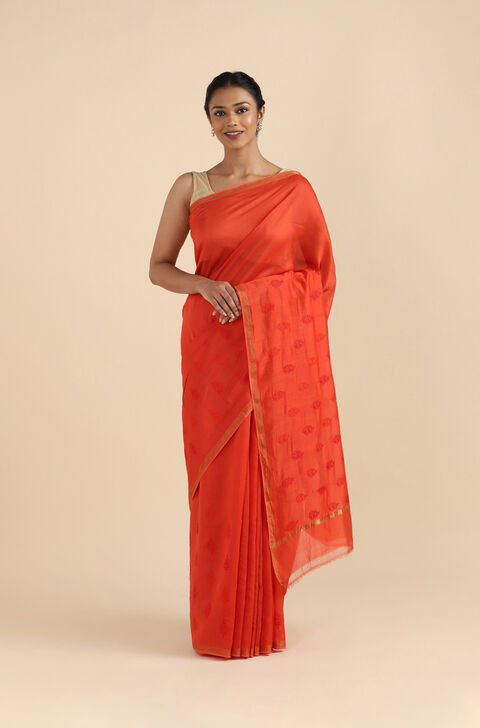 Orange Pure Silk Linen Embroidered Saree