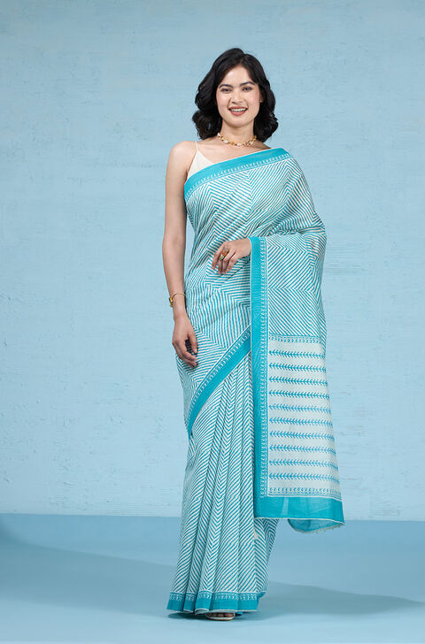 Blue Pure Silk Cotton Block Printed Bengal Saree