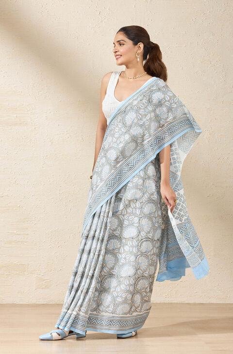 Grey Block Printed Rajasthan Pure Cotton Saree