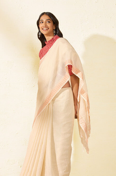Off White Woven Pure Silk Cotton Bengal Saree