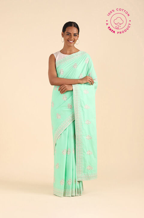 Light Green Pure Cotton Embroidered Saree