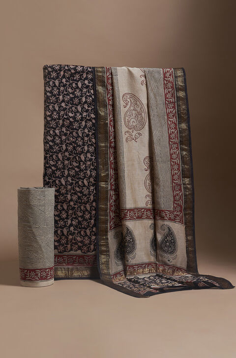 Black Bagru Block Printed Pure Silk Cotton Suit Set
