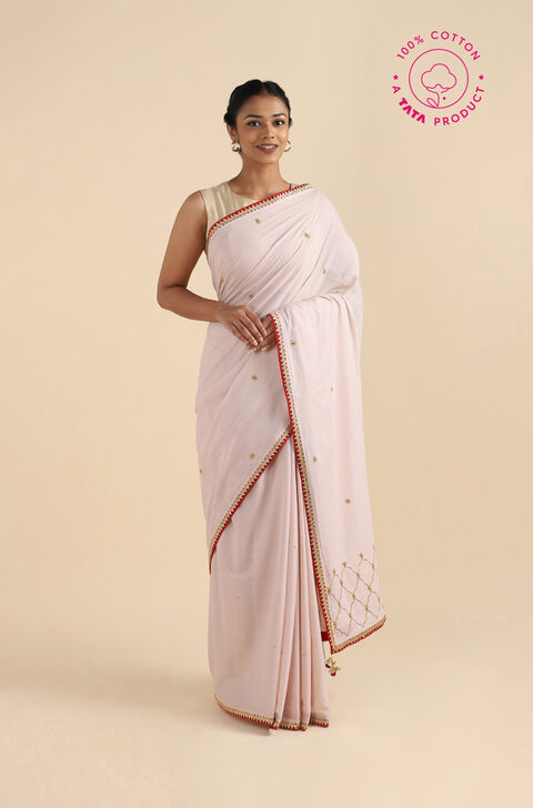 Light Pink Pure Cotton Embroidered Saree