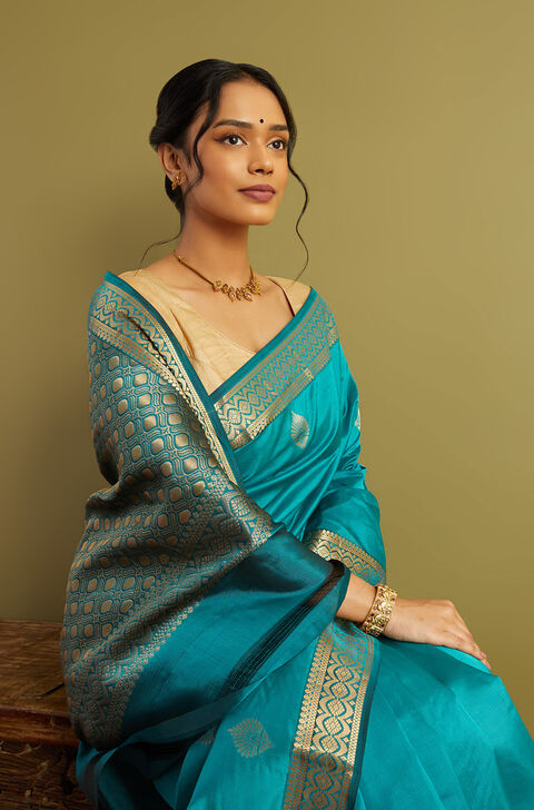 Light Green Woven Silk Viscose Kanjivaram Inspired Design Saree