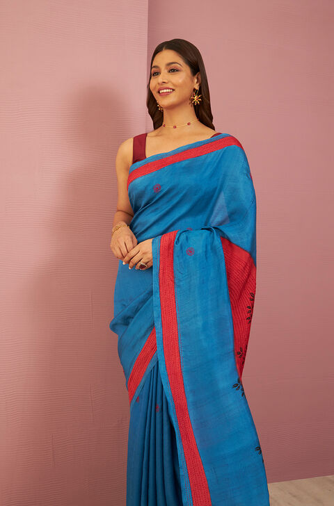 Blue Bengal Pure Silk Kantha Embroidered Saree
