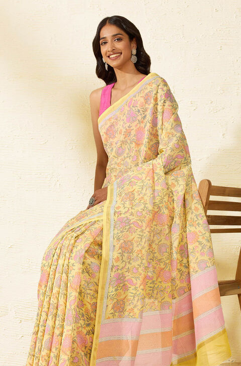 Yellow Rajasthan Screen Printed Pure Silk Cotton Saree