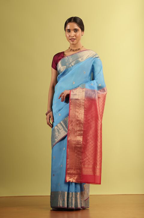 Light Blue Woven Kanjivaram Inspired Design Silk Viscose Saree
