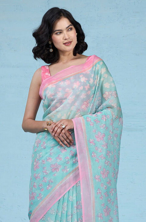 Blue Rajasthan Pure Silk Cotton Printed Sanganeri Saree