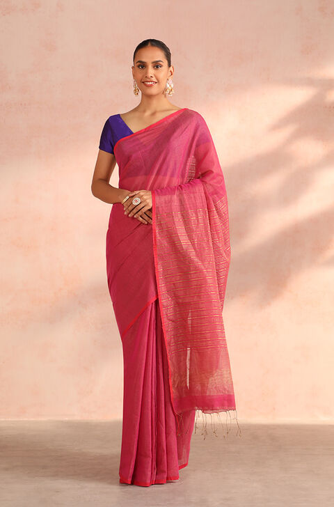 Pink Woven Pure Cotton Tissue Bengal Saree
