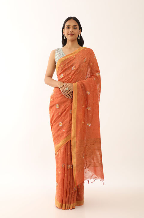 Orange Bhagalpur Pure Silk Linen Embroidered Saree