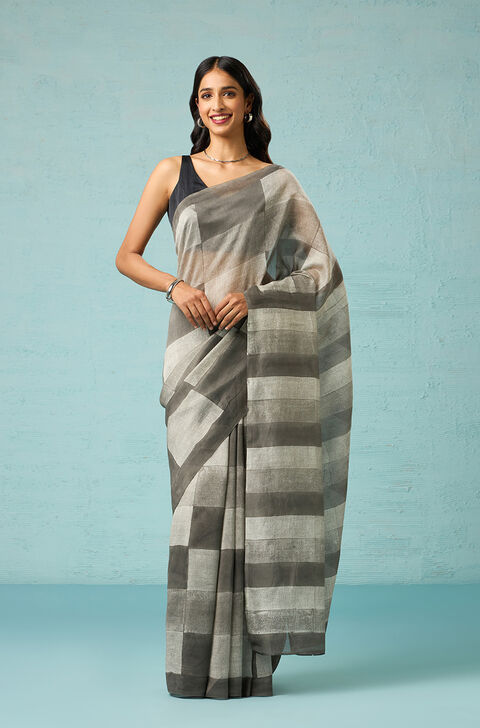 Grey Block Printed Pure Silk Cotton Chanderi Saree