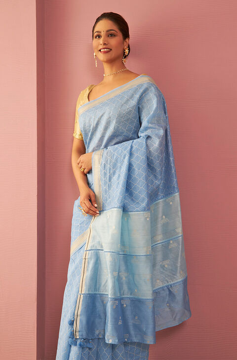 Blue Pure Silk Cotton Embroidered Saree