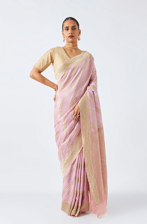 Light Pink Pure Crepe Embroidered Saree