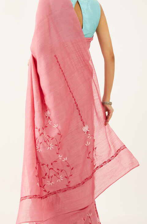 Pink Pure Tussar Silk Chikankari Embroidery Saree