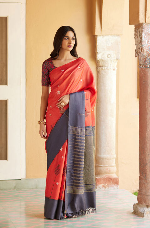 Red Block Printed Pure Tussar Silk Saree