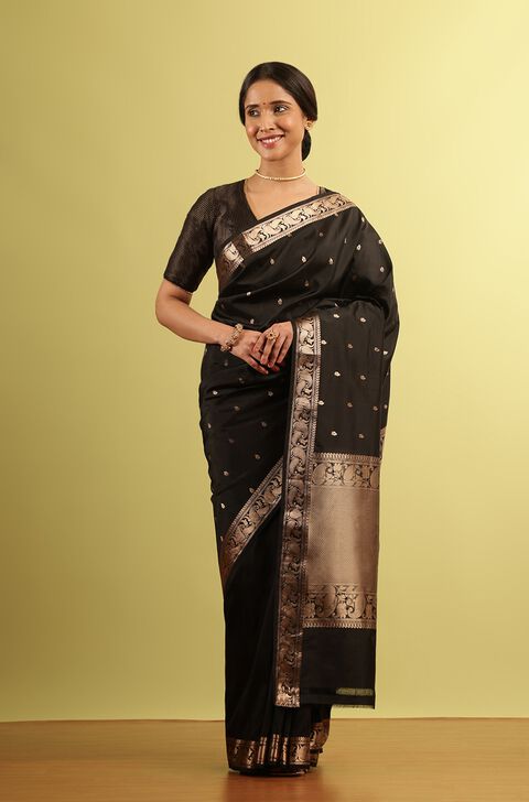 Black Silk Viscose Woven Banaras Inspired Design Saree