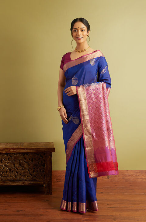 Blue Woven Silk Viscose Kanjivaram Inspired Design Saree