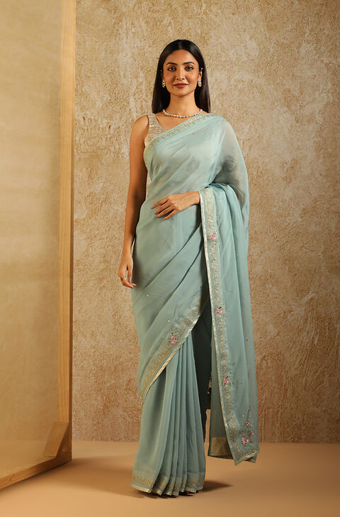Turquoise Contemporary Viscose Embroidery Saree